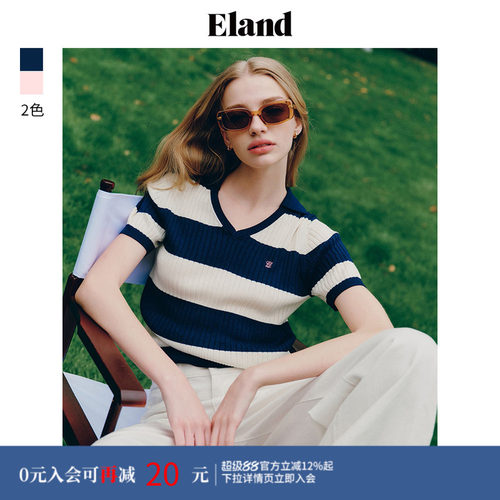 ELAND甜美风条纹针织衫短袖