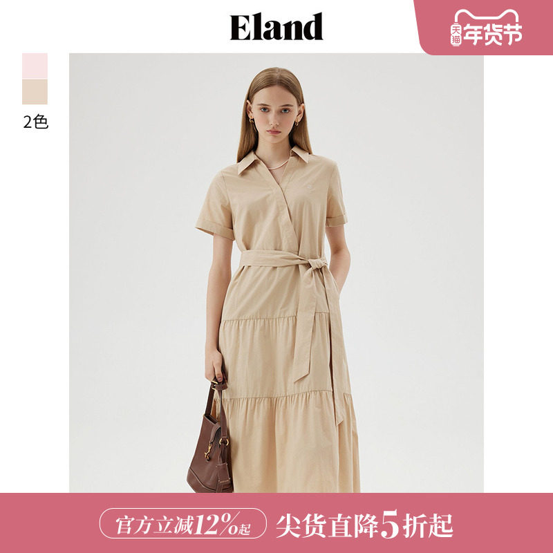 【枫叶裙】Eland衣恋衬衫连衣裙女V领合体长款裙子夏季款