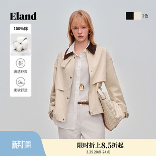 外套2026春夏新款 Eland衣恋短外套女单排扣翻领长袖 100%棉
