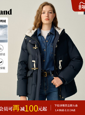 【羽绒】Eland衣恋鸭绒服女时尚带帽长袖牛角扣外套2025冬季新款
