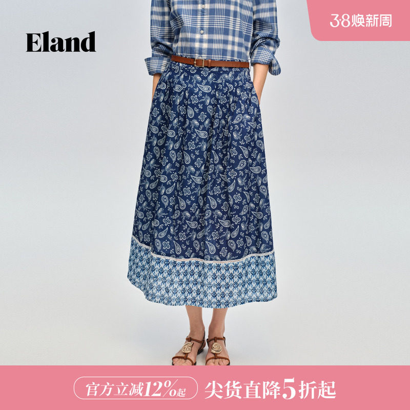 Eland衣恋半身裙女时尚碎花裙腰果花显瘦百褶裙A字裙2026春夏新款