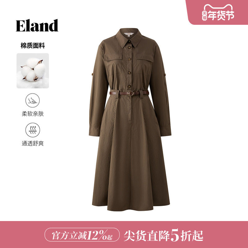 Eland衣恋连衣裙女复古干练衬衫领收腰长裙2025冬季新款