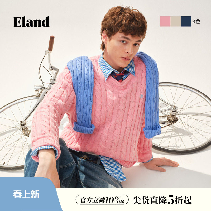 【男装上新】Eland衣恋毛衣时尚圆领绞花套头针织衫2026春季新款