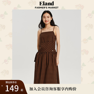格纹吊带过膝长裙子女夏季 Eland衣恋可爱甜美连衣裙秋季