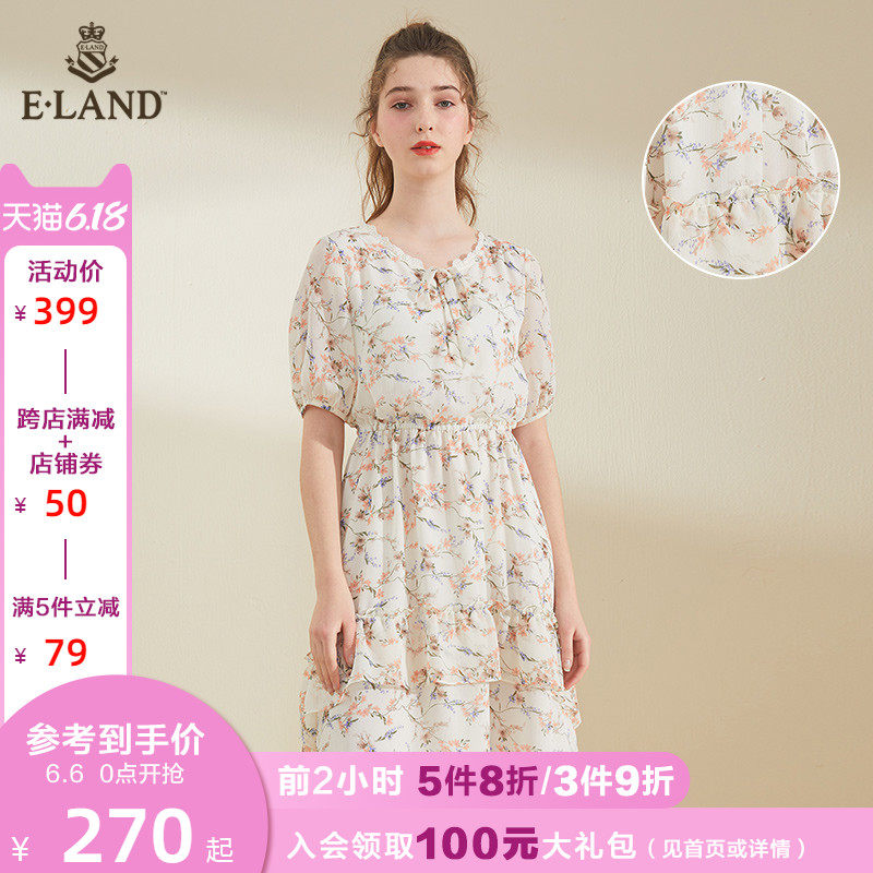 ELAND2020夏季新款超仙系带雪纺印花收腰连衣裙女EEOWA6314I