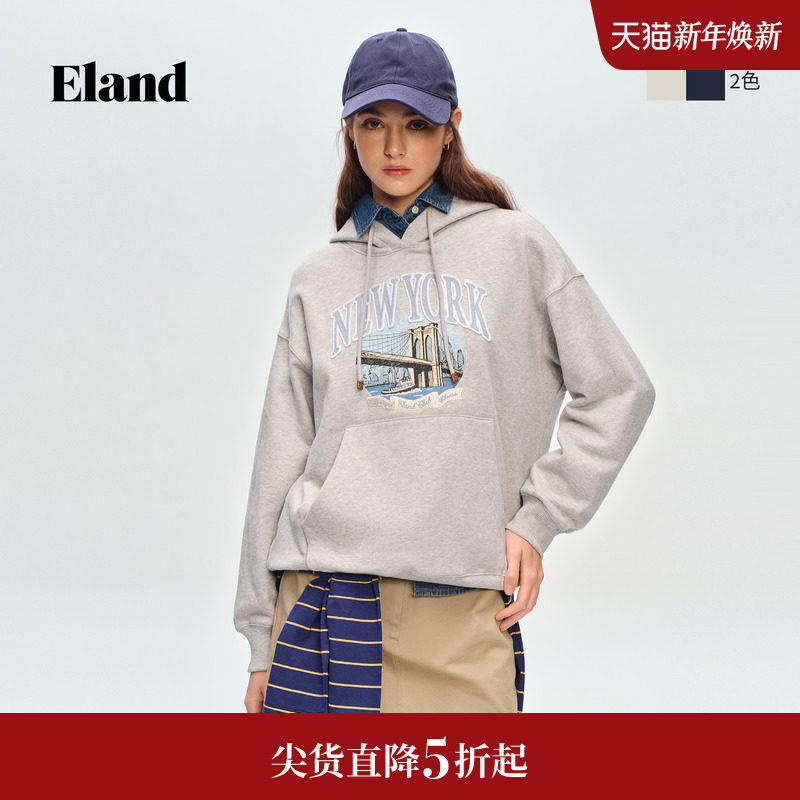 【100%棉】Eland衣恋卫衣女时尚字母图案连帽大口袋2026春季新款