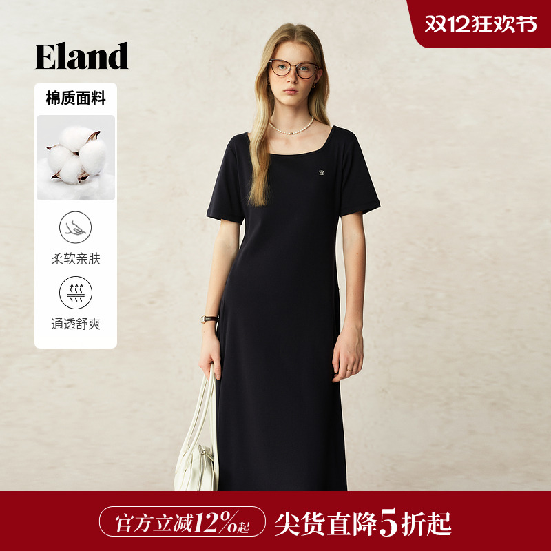 ELAND连衣裙纯色U领短袖棉质