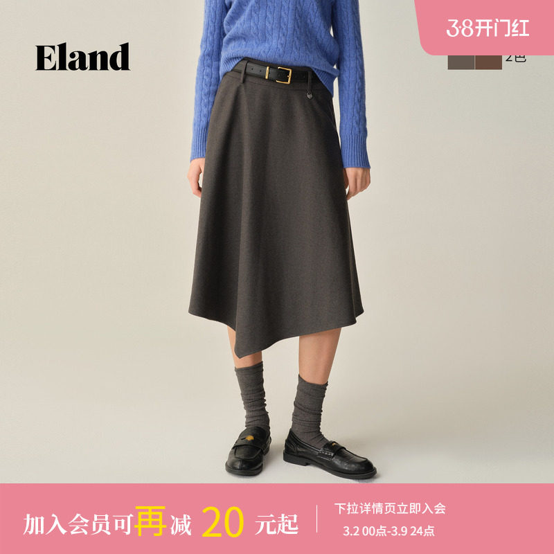 Eland衣恋半身裙女复古格纹显瘦A字伞摆裙2025冬季新款
