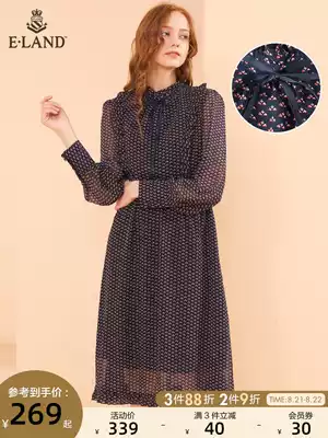 ELAND clothing love spring and autumn temperament sweet high-end waist thin printing polka dots medium and long version of the dress ladies