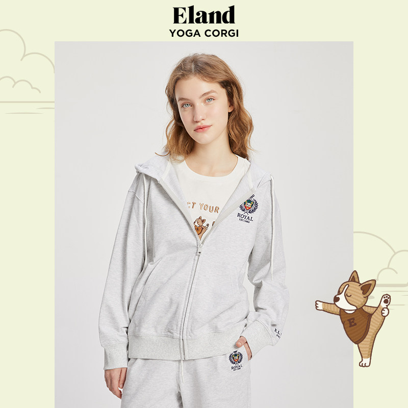 Eland衣恋运动休闲简约纯色抽绳连帽拉链卫衣女