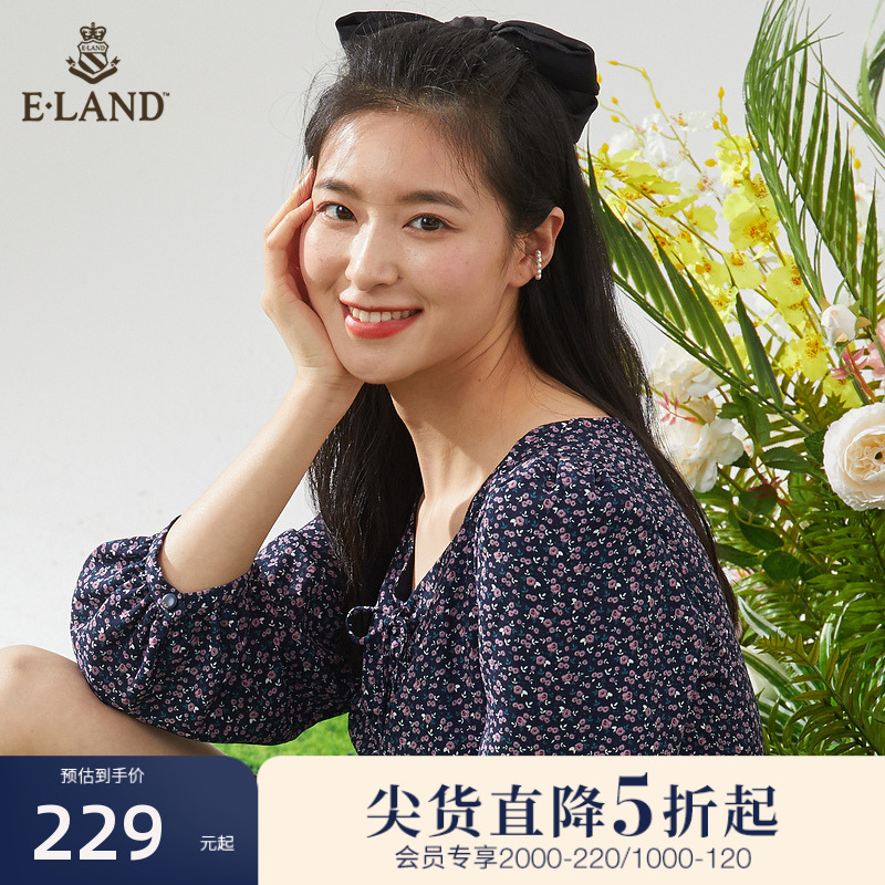 eland碎花显瘦鱼尾裙V领连衣裙