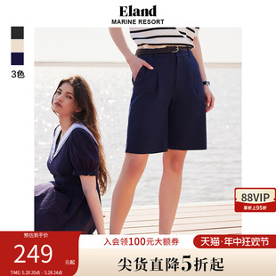 夏 Eland衣恋短裤 女宽松高腰直筒垂感百褶学院风休闲裤