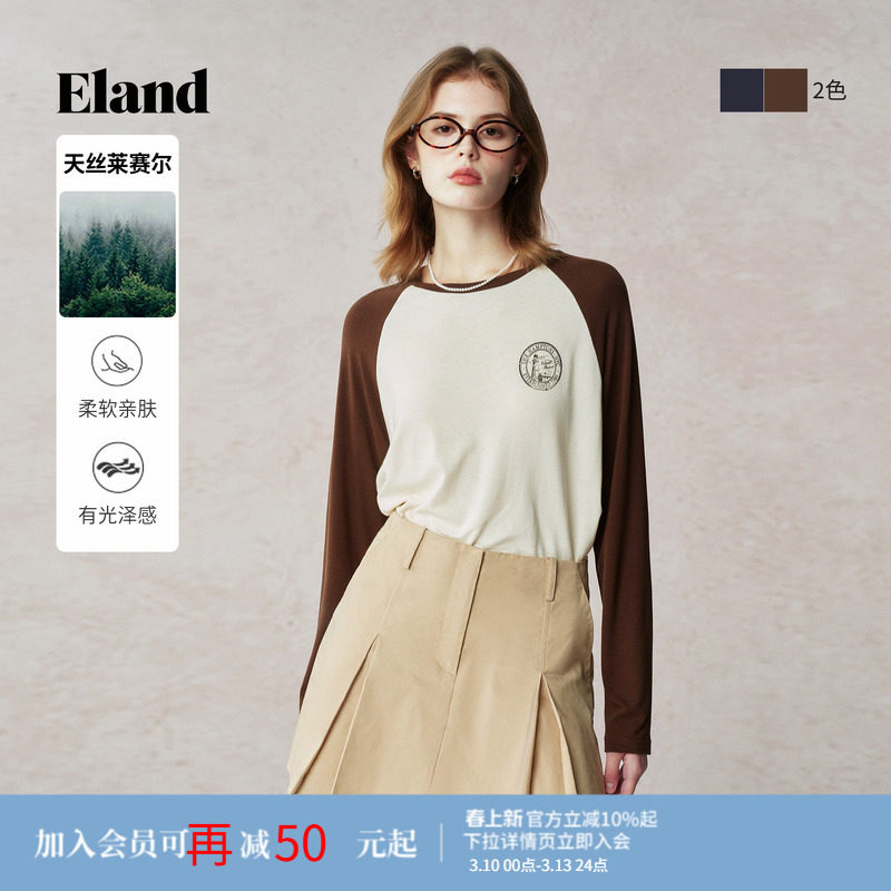 【莱赛尔】Eland衣恋T恤女宽松长袖圆形印花撞色插肩袖上衣夏季