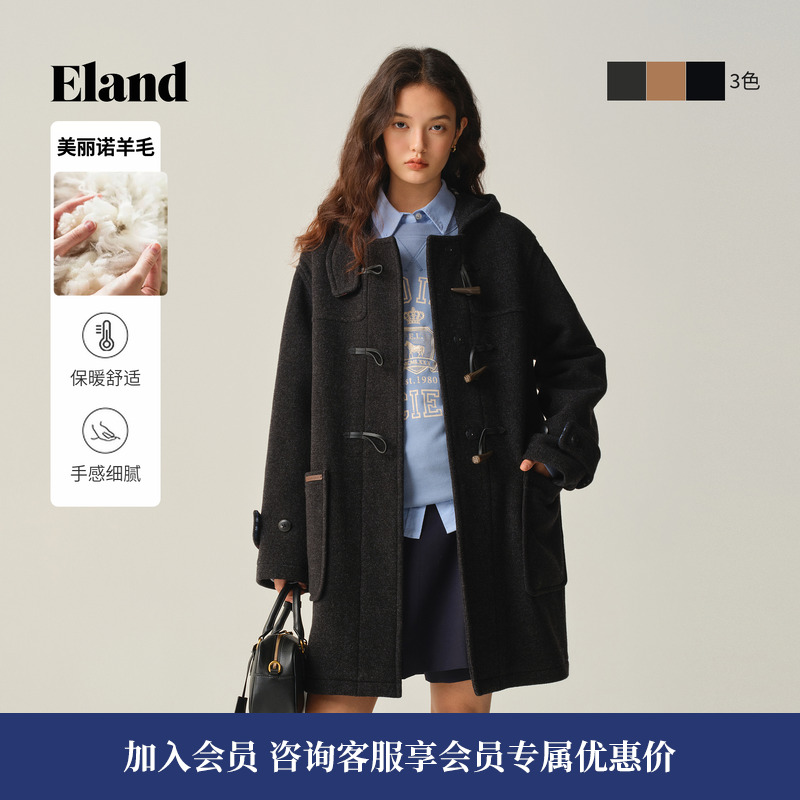 ELAND毛呢外套单排扣连帽含羊毛