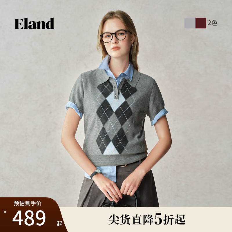 Eland衣恋毛衣针织衫女翻领短袖时尚宽松菱格上衣2025夏季新款
