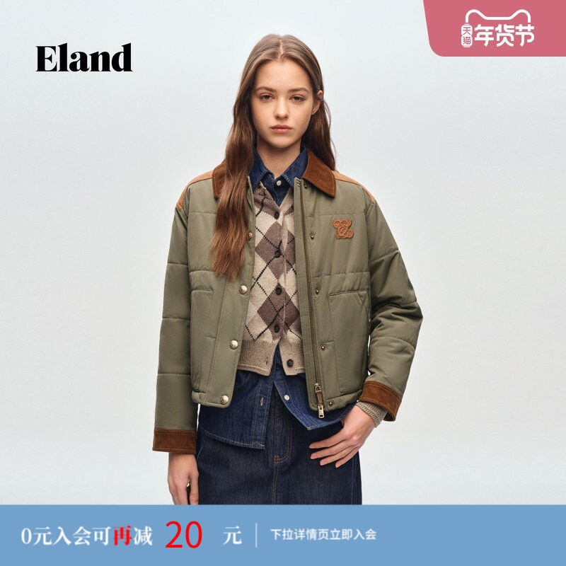 Eland衣恋棉衣女翻领长袖大口袋通勤棉服外套2026春季新款