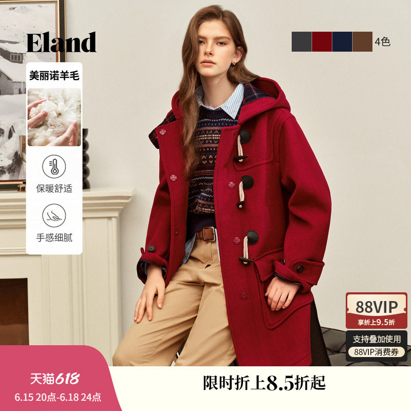 【经典长期主义】Eland衣恋毛呢外套女牛角扣羊毛大衣冬新款