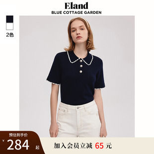 短袖 Eland衣恋T恤女polo领撞色针织弹性修身 上衣气质夏
