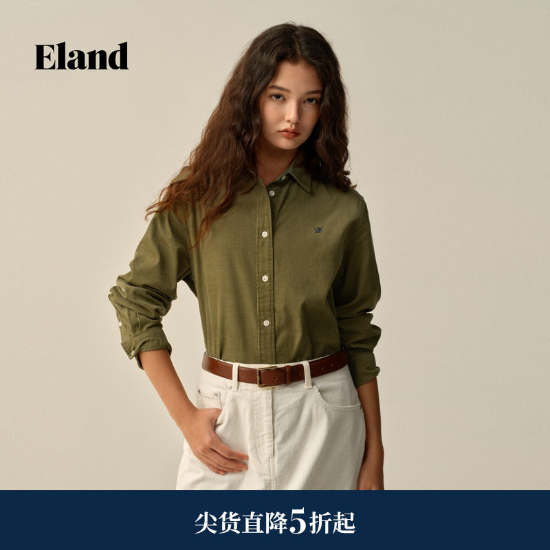 【100%棉】Eland衣恋衬衫男女款通勤翻领纯色上衣2025冬