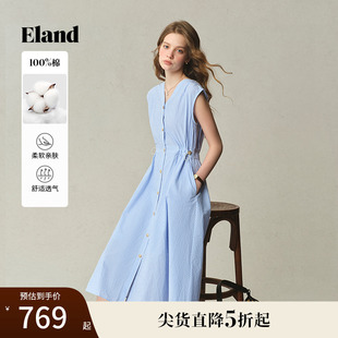 新款 100%棉 Eland衣恋连衣裙女x形V领开门襟无袖 裙子2025夏季