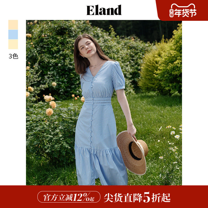 【100%棉】Eland衣恋连衣裙女V领腰部塔克压褶收腰鱼尾薄长裙夏,女装/女士精品,连衣裙,淘宝优惠券,粉丝福利购,淘宝优惠卷