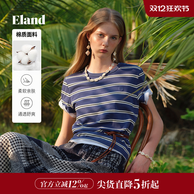 ELAND女T恤圆领撞色条纹短袖