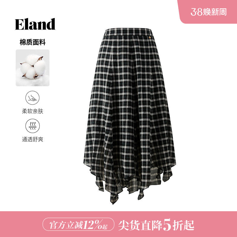 【99%棉】Eland衣恋半身裙女千禧风不对称轻薄格纹长裙A字裙夏季