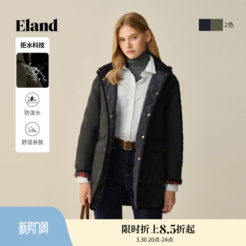 【拒水科技】Eland衣恋棉服女中长款菱格连帽含羊毛外套冬季新款