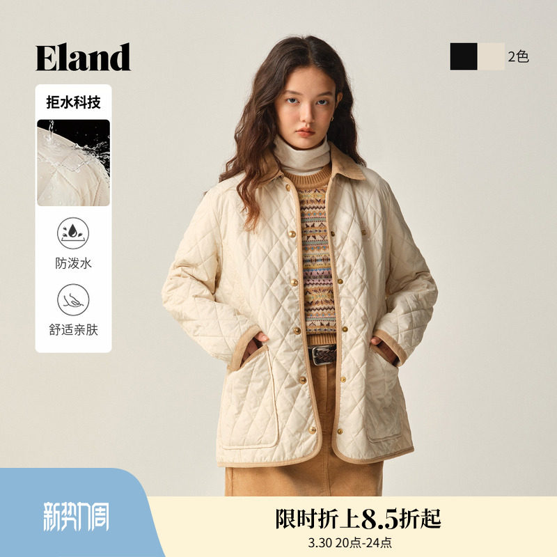 【拒水科技】【含绵羊毛】ELand衣恋棉服女菱格中长款冬新款
