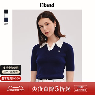 T恤女撞色翻领敞口针织衫 Eland衣恋短袖 上衣女休闲风夏