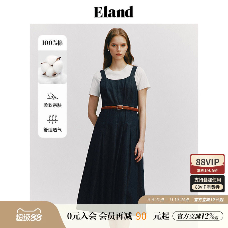 Eland衣恋纯棉背带连衣裙美式度假风复古牛仔裙子夏季款