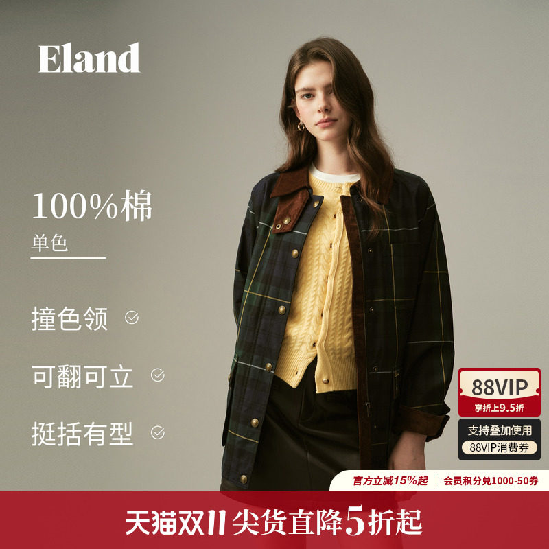 ELAND英伦复古格纹翻领外套