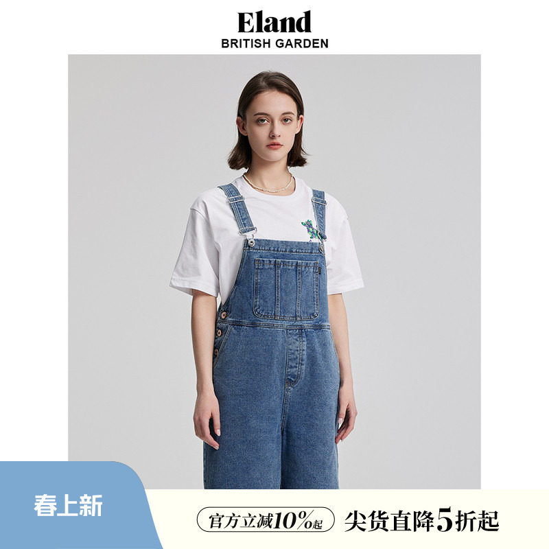 Eland衣恋背带裤牛仔裤短裤大口袋宽松休闲风女裤夏季