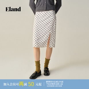 直筒开衩中长裙冬季 Eland衣恋半身裙女时尚 新款 波点裙