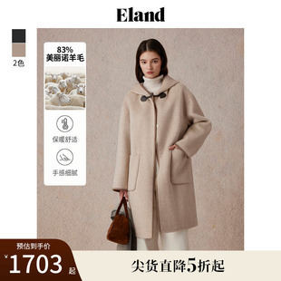 款 含绵羊毛 Eland衣恋毛呢外套女学院风兜帽设计大衣冬季