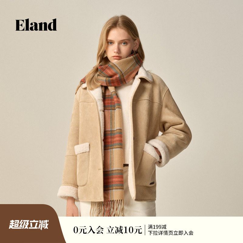 Eland衣恋仿羊羔绒外套摇粒绒外套女大口袋短外套冬季新款