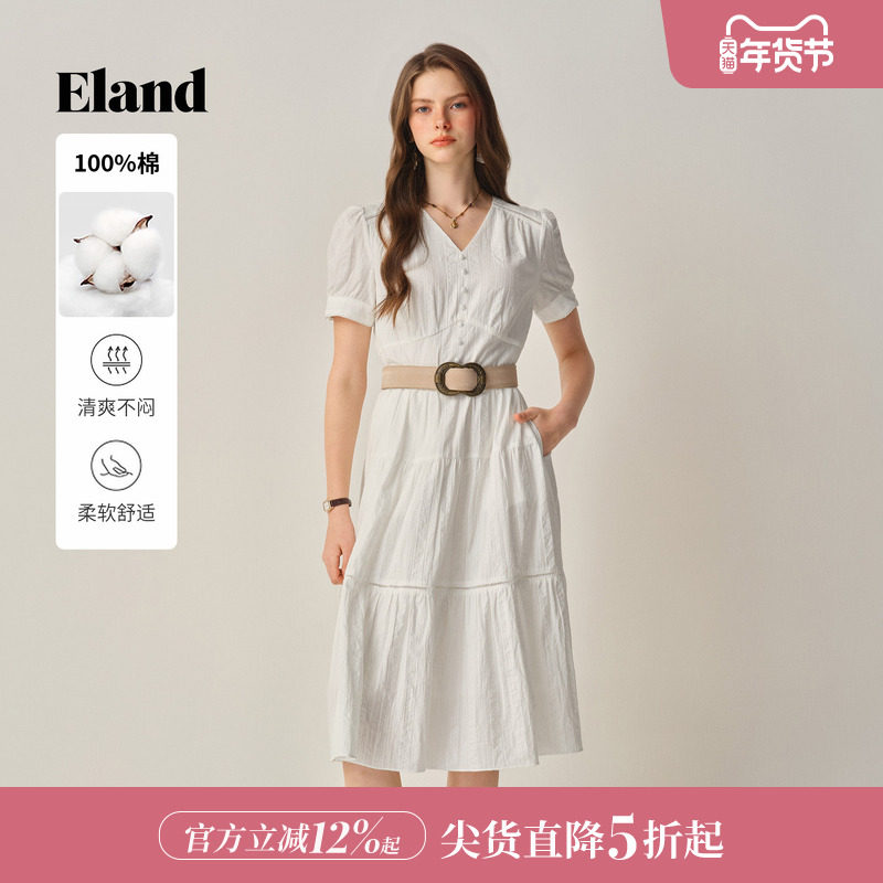 【梨花裙】Eland衣恋连衣裙女短袖收腰纯棉裙子2025冬季新款
