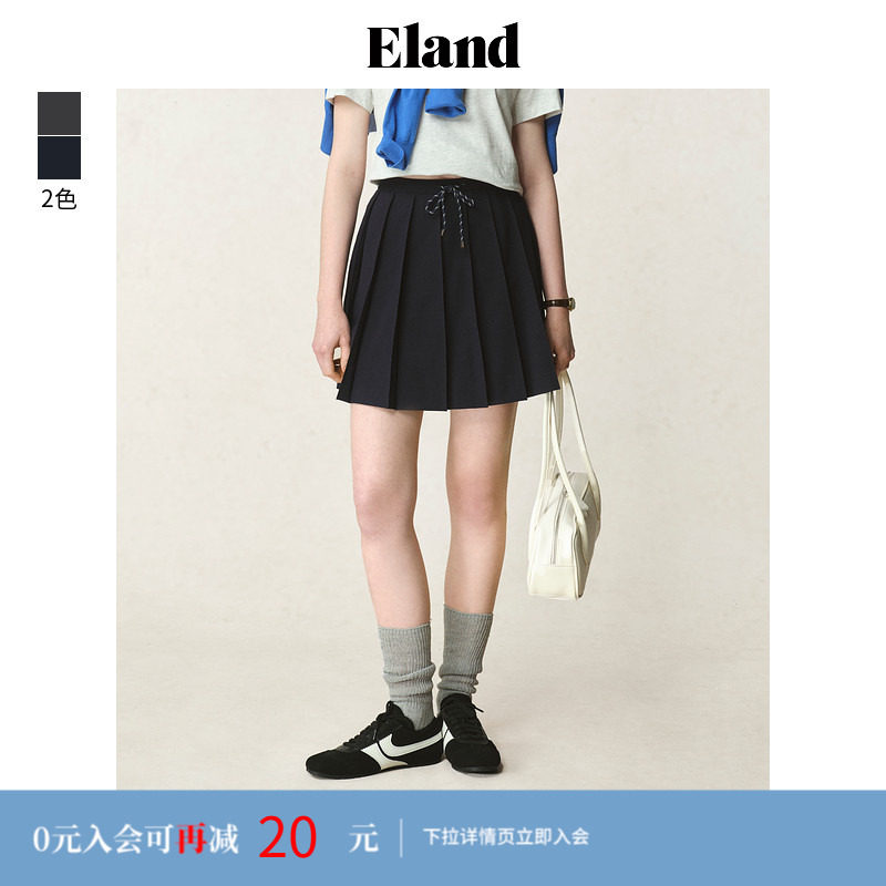 Eland衣恋半身裙女a字腰绳设计斜插口袋百褶通勤短裙夏季新款