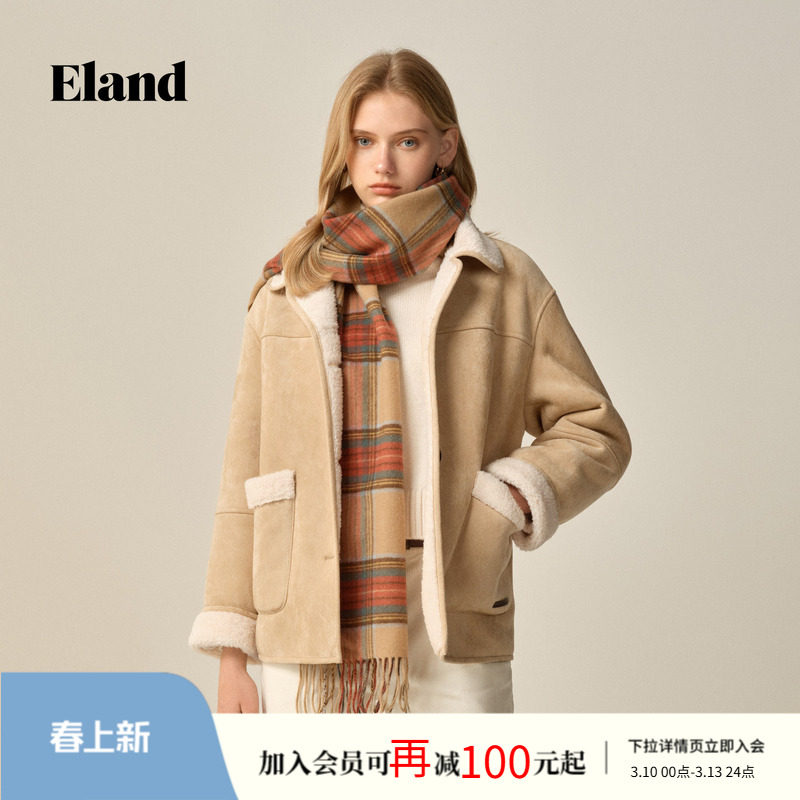Eland衣恋仿羊羔绒外套摇粒绒外套女大口袋短外套2025冬季新款