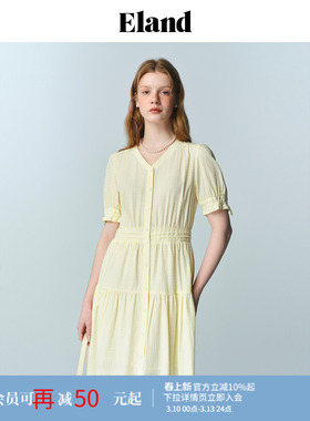 【茶歇裙】Eland衣恋连衣裙女泡泡袖设计塔克下摆裙子25夏季新款