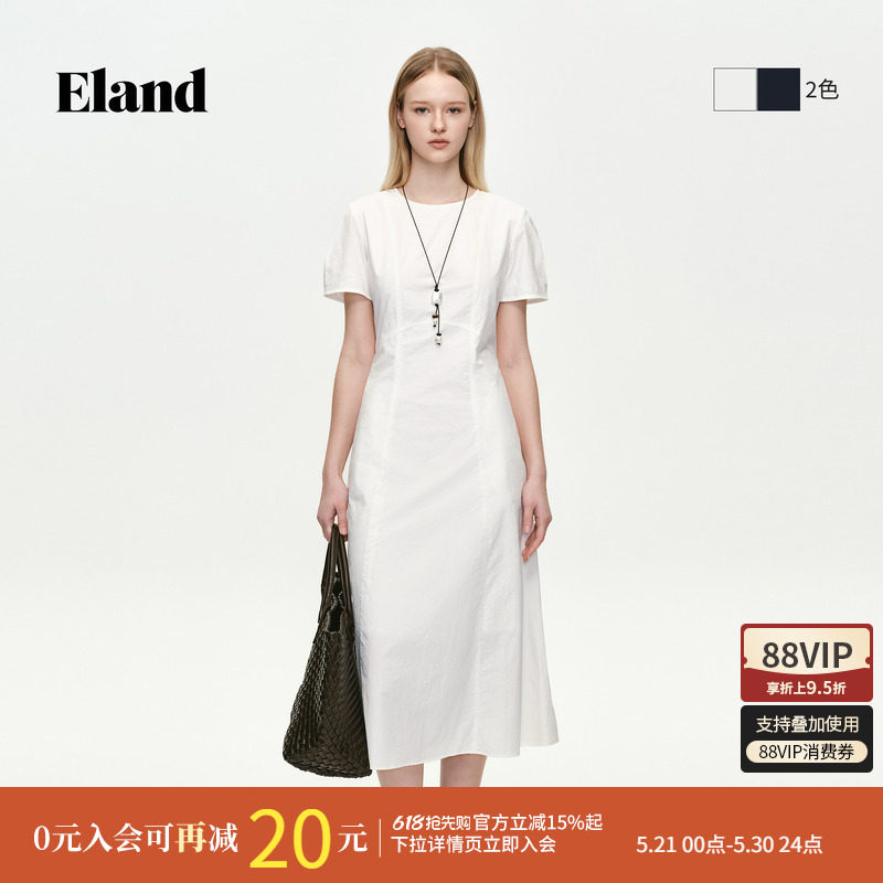 Eland衣恋连衣裙女漂亮连衣裙短袖圆领通勤裙子2026夏季新款