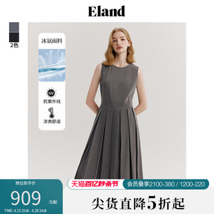 Eland衣恋无袖 新款 连衣裙女圆领百褶裙摆高腰中长裙子2024夏季