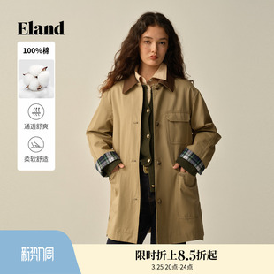通勤外套冬季 插肩袖 Eland衣恋风衣女翻领长袖 新款 100%棉