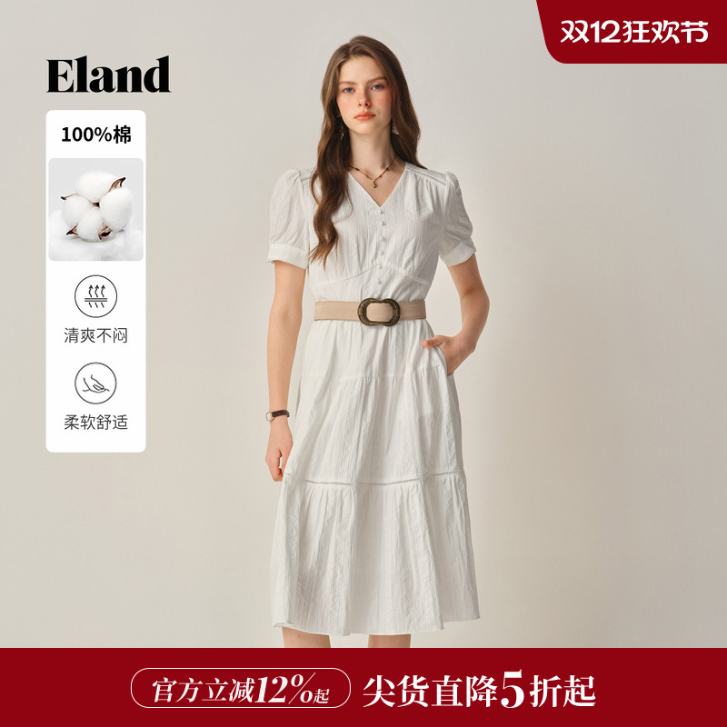 ELAND100%棉连衣裙短袖纯色