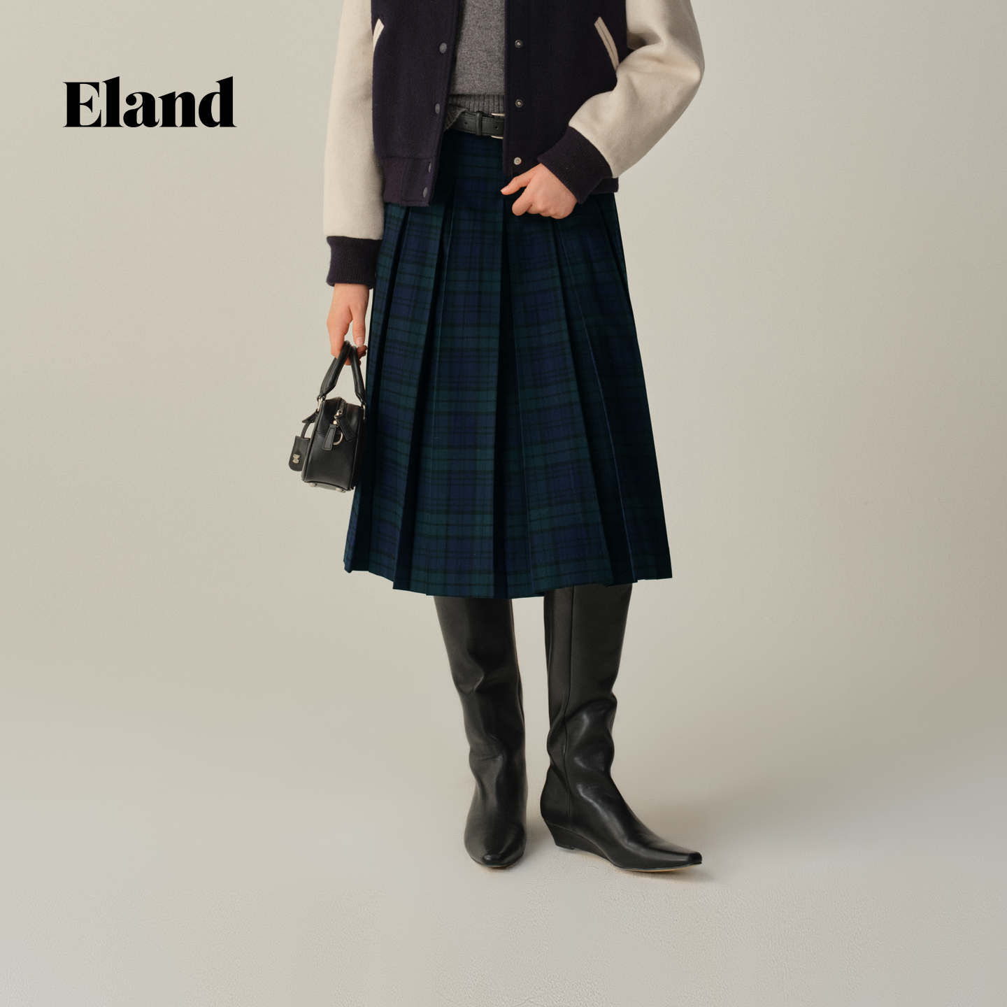 ELAND半身裙格纹中长款百褶裙