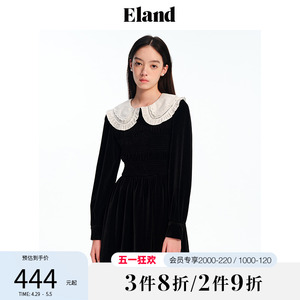 Eland衣恋连衣裙丝绒娃娃领长袖撞色甜美风秋冬打底裙