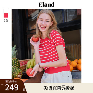 针织衫 Eland衣恋一字领条纹毛衣女纯棉收腰显瘦短袖 T恤夏