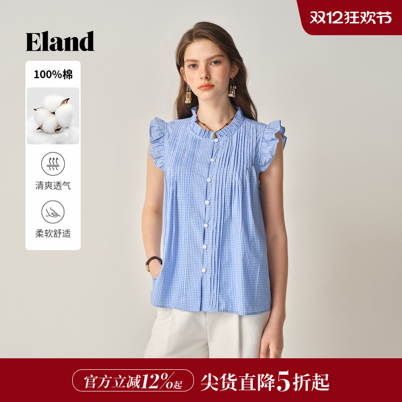 ELAND纯棉衬衫格纹飞飞袖