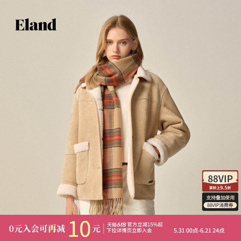 Eland衣恋仿羊羔绒外套摇粒绒外套女大口袋短外套冬季新款