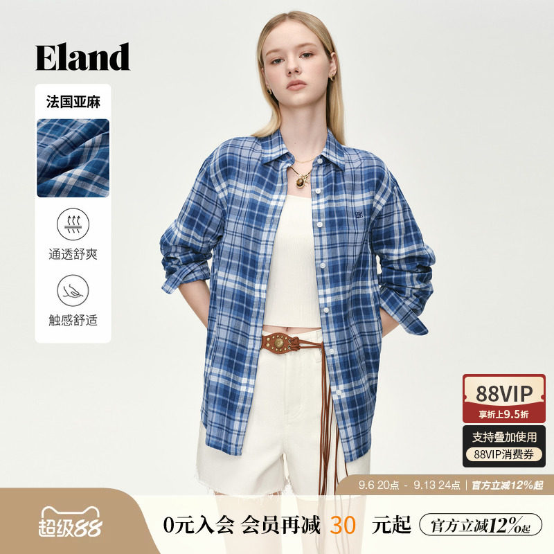 【100%亚麻】Eland衣恋衬衫女格纹连肩袖卷边宽松衬衣2026夏新款